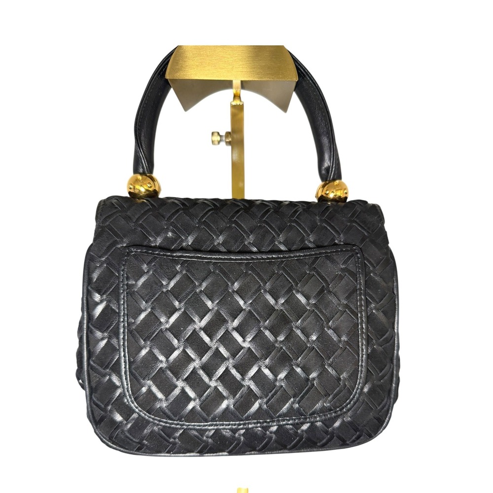 Vintage Bally Black Woven Suede Leather Top Handle Bag Gold Hardware - Picture 2 of 15